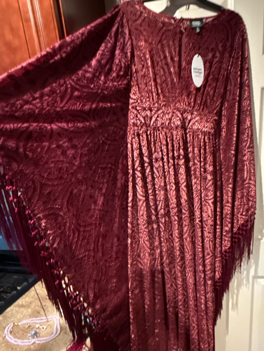Unique Vintage flutter sleeve Kaftan Dress  Fringe Detail & cold shoulder design - Picture 12 of 17